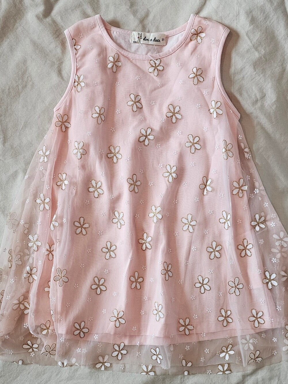 Doe A Dear Pink Floral Mesh Overlay Dress - Glitter Daisy Toddler Girls 3T